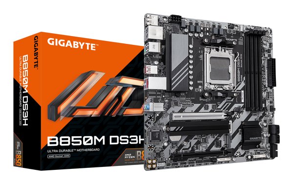 Материнская плата Gigabyte B850M DS3H, AM5, AMD B850, 4xDDR5, 4xSATA, 2xM.2, 1xPCIe 5.0 x16, 1xPCIe 3.0 x4, 1xHDMI, 2xDP, 1x 2.5Gb LAN, 3xUSB-A 3.2 Gen 1, 1xUSB-A 3.2 Gen 2, 4xUSB-A 2.0, 1xUSB-C 3.2 Gen 2, 3x3.5 мм, 7.1, mATX