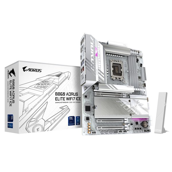 Материнская плата Gigabyte B860 AORUS ELITE WIFI7 ICE, LGA 1851, Intel B860, 4xDDR5, 4xSATA, 3xM.2, 1xPCIe 5.0 x16, 2xPCIe 4.0 x1, 1xHDMI, 2xDP, 1x 2.5Gb LAN, 6xUSB-A 3.2, 1xUSB-C 3.2, 4xUSB-A 2.0, 2x3.5 мм, 7.1, ATX