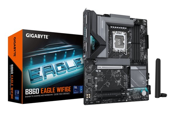 Материнская плата Gigabyte B860 EAGLE WIFI6E, LGA 1851, Intel B860, 4xDDR5, 4xSATA, 3xM.2, 1xPCIe 5.0 x16, 2xPCIe 4.0 x16, 1xHDMI, 1xDP, 1x 2.5Gb LAN, 4xUSB-A 2.0, 1xUSB-A 3.2 Gen 1, 1xUSB-A 3.2 Gen 2, 1xUSB-C 3.2 Gen 2x2, 7.1, 3x3.5 мм, ATX