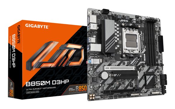 Материнская плата Gigabyte B850M D3HP, AM5, AMD B850, 4xDDR5, 4xSATA, 2xM.2, 1xPCIe 5.0 x16, 1xPCIe 3.0 x4, 1xHDMI, 2xDP, 1x 1Gb LAN, 3xUSB-A 3.2 Gen 1, 2xUSB-A 2.0, 1xUSB-C 3.2 Gen 1, 3x3.5 мм, 7.1, mATX