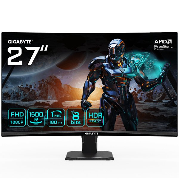Монитор 27" Gigabyte GS27FC R1500 VA 1920x1080, 180 Гц, 1 мс, 16:9, 250 кд/м², 2xHDMI, 1xDP, 1x3.5 мм, изогнутый, черный