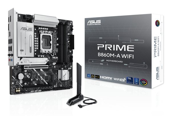 Материнская плата ASUS PRIME B860M-A WIFI, LGA 1851, Intel B860, 4xDDR5, 4xSATA, 2xM.2, 1xPCIe 5.0 x16, 1xPCIe 4.0 x16, 1xPCIe 4.0 x1, 2xDP, 1xHDMI, 1x 2.5Gb LAN, 1xUSB-C 20Gbps, 1xUSB-A 10Gbps, 2xUSB-A 5Gbps, 4xUSB-A 2.0, 3x3.5 мм, 7.1, micro-ATX.