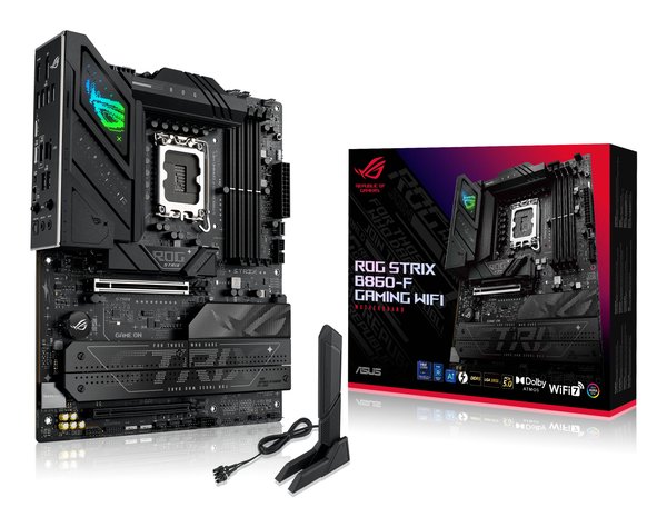 Материнская плата ASUS ROG STRIX B860-F GAMING WIFI, LGA 1851, Intel B860, 4xDDR5, 4xSATA, 4xM.2, 1xPCIe 5.0 x16, 1xPCIe 4.0 x16, 1xDP, 1xHDMI, 1x 2.5Gb LAN, 1xUSB 20Gbps, 1xUSB 10Gbps, 6xUSB-A 5Gbps, 2xUSB 2.0, 3x3.5 мм, 7.1, ATX