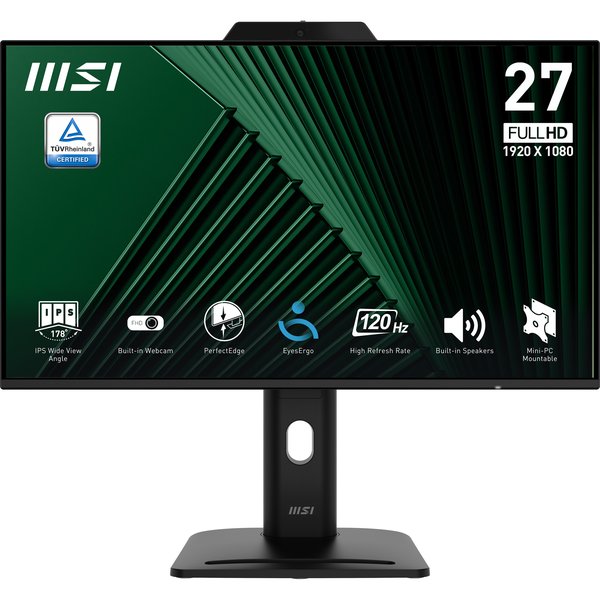 Монитор 27" MSI PRO MP272PMG IPS 1920x1080, 120 Гц, 4 мс, 16:9, 300 кд/м², 1xVGA, 1xHDMI, 1xDP, 1x3.5 мм, 2xUSB-A 2.0, 2x2 Вт, веб-камера, микрофон, черный