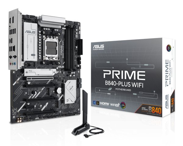 Материнская плата ASUS PRIME B840-PLUS WIFI, AM5, AMD B840, 4xDDR5, 4xSATA, 3xM.2, 1xPCIe 4.0 x16, 1xPCIe 3.0 x16, 2xPCIe 3.0 x16, 1xPCIe 3.0 x1, 1xDP, 1xHDMI, 1x 2.5Gb LAN, 8xUSB-A, 3x3.5 мм, 7.1, ATX