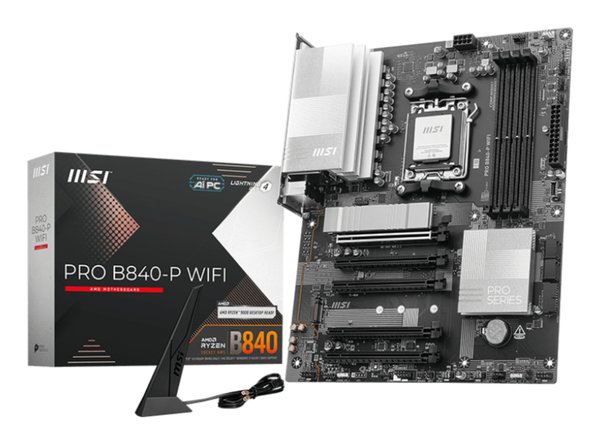 Материнская плата MSI PRO B840-P WIFI, Socket AM5, AMD B840, 4xDDR5, 4xSATA, 2xM.2, 1xPCI-E 4.0 x16, 1xPCI-E 3.0 x4, 3xPCI-E 3.0 x1, 1xHDMI, 1x 2.5Gb LAN, 4xUSB-A 2.0, 2xUSB-A 5Gbps, 1xUSB-C 5Gbps, 1xUSB-A 10Gbps, 1xUSB-C 10Gbps, 3x3.5 мм, 7.1, ATX