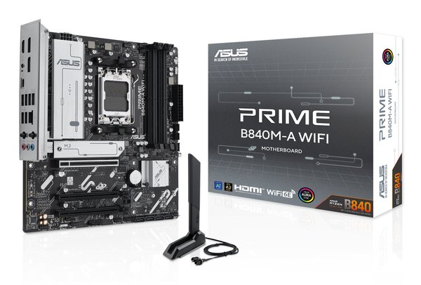 Материнская плата ASUS PRIME B840M-A WIFI, AM5, AMD B840, 4xDDR5, 4xSATA III, 3xM.2, 1xPCIe 4.0 x16, 2xPCIe 3.0 x16 (x1), 2xDP, 1xHDMI, 1x 2.5Gb LAN, Wi-Fi 6E, 2xUSB-A 10Gbps, 1xUSB-C 5Gbps, 4xUSB-A 2.0, 3x3.5 мм, 7.1, micro-ATX