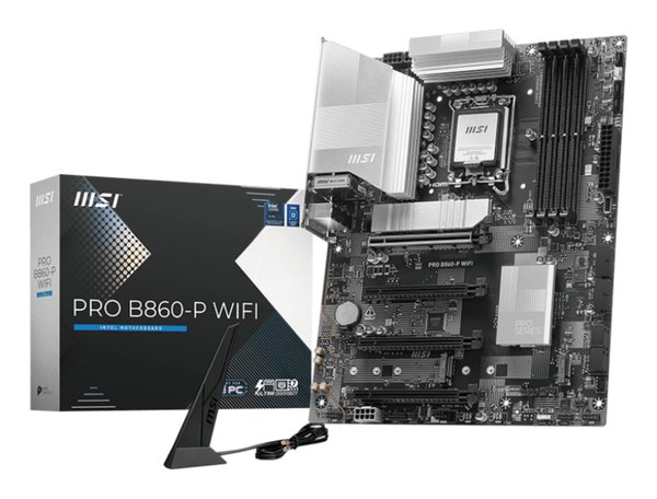 Материнская плата MSI PRO B860-P WIFI, LGA 1851, Intel B860, 4xDDR5, 4xSATA, 3xM.2, 1xPCIe 5.0 x16, 1xPCIe 4.0 x4, 2xPCIe 4.0 x1, 1xHDMI, 1xDP, 1xUSB-C, 1x 5Gb LAN, 2xUSB-A 3.2 Gen 2, 2xUSB-A 3.2 Gen 1, 4xUSB-A 2.0, 3x3.5 мм, 7.1, Wi-Fi 7, ATX