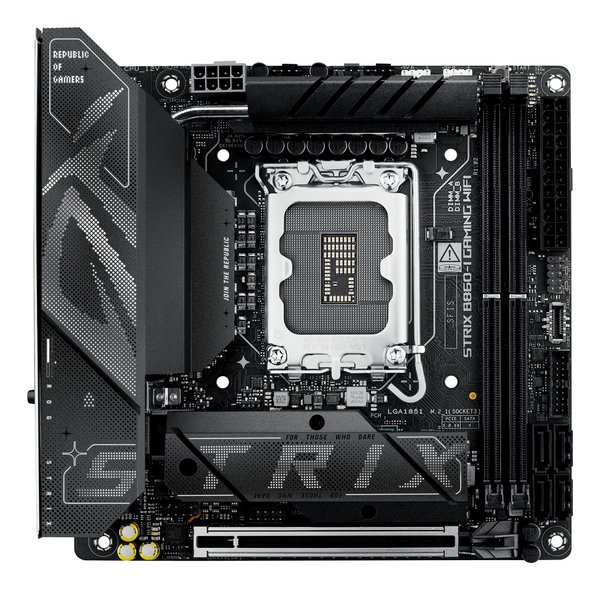 Материнская плата ASUS ROG STRIX B860-I GAMING WIFI, LGA1851, Intel B860, 2xDDR5, 4xSATA, 2xM.2, 1xPCIe 5.0 x16, 1xDP, 1xHDMI, 1xThunderbolt 4, 1x2.5Gb LAN, Wi-Fi 7, 2xUSB 2.0, 3xUSB 3.2 Gen 1, 1xUSB 3.2 Gen 2, 1xUSB 3.2 Gen 2x2, 1xUSB-C, 1xS/PDIF, 2x3.5 мм, 7.1, Mini-ITX