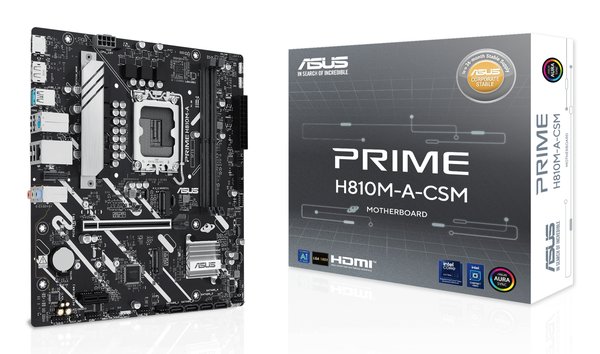 Материнская плата ASUS PRIME H810M-A-CSM, LGA 1851, Intel H810, 2xDDR5, 4xSATA, 2xM.2, 1xPCIe 4.0 x16, 1xPCIe x1, 1xDP, 1xHDMI, 1x1Gb LAN, 4xUSB 2.0, 2xUSB 3.2 Gen 2, 3x3.5 мм, 7.1, Micro-ATX
