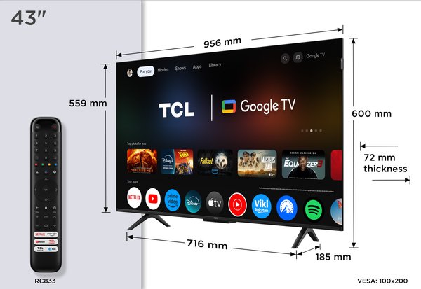 Телевизор TCL 43" 43P7K черный QLED 4K UHD 60Hz Google TV