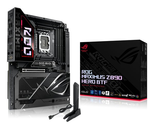 Материнская плата ASUS ROG MAXIMUS Z890 HERO BTF, LGA1851, Intel Z890, 4xDDR5, 4xSATA, 6xM.2, 1xPCIe 5.0 x16, 1xPCIe 4.0 x4, 1xPCIe x1, 1xHDMI, 2xUSB-C (Thunderbolt 4), 1xUSB-C 3.2 Gen 2, 4xUSB-A 3.2 Gen 2, 4xUSB-A 3.2 Gen 1, 2x2.5Gb LAN, Wi-Fi 7, Bluetooth 5.4, 2x3.5 мм, S/PDIF, 7.1, ATX