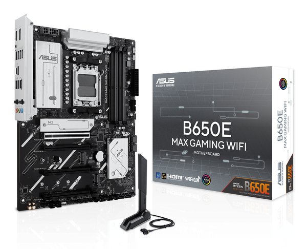 Материнская плата ASUS B650E MAX GAMING WIFI, AM5, AMD B650, 4xDDR5, 4xSATA, 3xM.2, 1xPCIe 5.0 x16, 1xPCIe 4.0 x16, 2xPCIe 3.0 x1, 1xDP, 1xHDMI, 1x2.5Gb LAN, Wi-Fi 6E, Bluetooth 5.3, 4xUSB-A 10Gbps, 1xUSB-C 10Gbps, 2xUSB-A 5Gbps, 2xUSB-A 2.0, 3x3.5 мм, 7.1, ATX