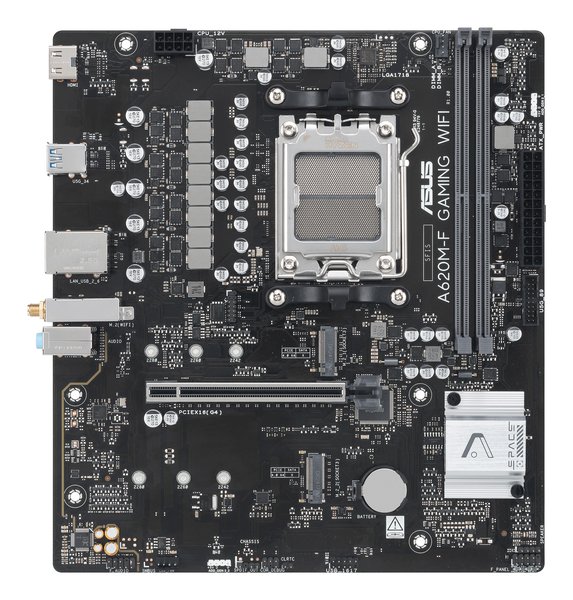 Материнская плата ASUS A620M-F GAMING WIFI, AM5, AMD A620, 2xDDR5, 2xM.2, 1xPCIe 4.0 x16, 1xHDMI, 1x2.5Gb LAN, Wi-Fi 6E, Bluetooth 5.3, 2xUSB-A 5Gbps, 2xUSB-A 2.0, 3x3.5 мм, 7.1, mATX