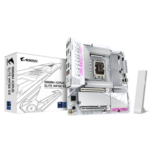 Материнская плата Gigabyte B860M AORUS ELITE WIFI6E ICE, LGA1851, Intel B860, 4xDDR5, 4xSATA, 3xM.2, 1xPCIe 5.0 x16, 1xPCIe 4.0 x4, 1xDP, 2xHDMI, 1x2.5Gb LAN, Wi-Fi 6E, Bluetooth 5.3, 2xUSB-A 10Gbps (Gen2), 4xUSB-A 5Gbps, 4xUSB-A 2.0, 1xUSB-C 20Gbps (USB4), 2x3.5 мм, 7.1, mATX