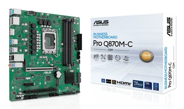 Материнская плата ASUS Pro Q870M-C-CSM, LGA1851, Intel Q870, 4xDDR5, 4xSATA, 2xM.2, 1xPCIe 5.0 x16, 1xPCIe 4.0 x4, 1xPCIe 4.0 x1, 2xDP, 1xHDMI, 1xPS/2, 1x1Gb LAN, 3xUSB-A 10Gbps, 1xUSB-A 5Gbps, 2xUSB-A 2.0, 3x3.5 мм, 7.1, mATX