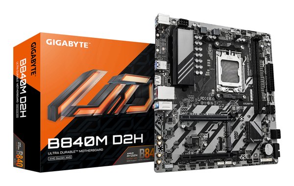 Материнская плата Gigabyte B840M D2H (V1.2), AM5, AMD B840, 2xDDR5, 4xSATA, 2xM.2, 1xPCIe 4.0 x16, 1xPCIe 3.0 x4, 1xHDMI, 1x2.5Gb LAN, 2xUSB-A 5Gbps, 8xUSB-A 2.0, 3x3.5 мм, 7.1, mATX