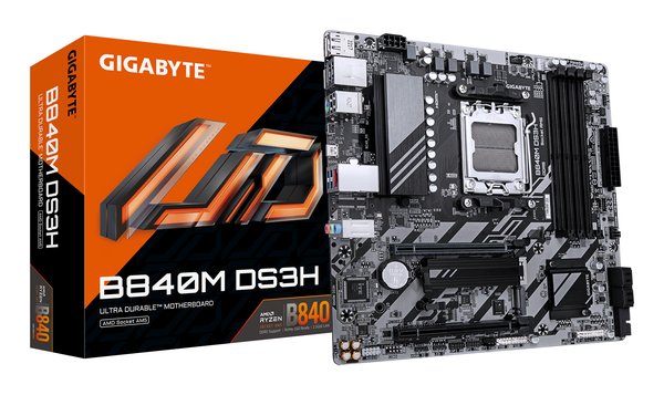 Материнская плата Gigabyte B840M DS3H, AM5, AMD B840, 4xDDR5, 4xSATA, 2xM.2, 1xPCIe 4.0 x16, 1xPCIe 3.0 x4, 2xDP, 1xHDMI, 1x2.5Gb LAN, 3xUSB-A 5Gbps, 8xUSB-A 2.0, 1xUSB-C 5Gbps, 3x3.5 мм, 7.1, mATX