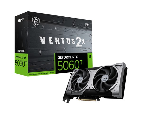 Видеокарта MSI RTX 5060 Ti VENTUS 2X OC PLUS, NVIDIA RTX 5060 Ti, 16 ГБ GDDR7, 128 бит, PCI-e 5.0, 1xHDMI, 3xDP, 2602 МГц