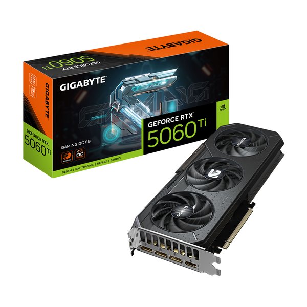 Видеокарта Gigabyte GeForce RTX 5060 Ti Gaming OC, NVIDIA RTX 5060 Ti, 8 ГБ GDDR7, 128 бит, PCI-e 5.0, 1xHDMI, 3xDP, 2647 МГц