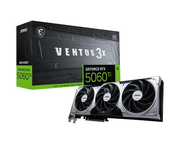 Видеокарта MSI RTX 5060 TI 8G VENTUS 3X OC, NVIDIA RTX 5060 Ti, 8 ГБ GDDR7, 128 бит, PCI-e 5.0, 1xHDMI, 3xDP, 2602 МГц
