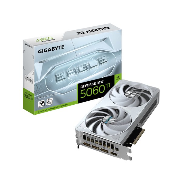Видеокарта Gigabyte GeForce RTX 5060 Ti Eagle OC Ice, NVIDIA RTX 5060 Ti, 8 ГБ GDDR7, 128 бит, PCI-e 5.0, 1xHDMI, 3xDP, 2617 МГц