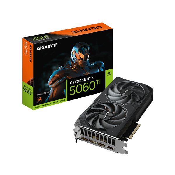 Видеокарта Gigabyte GeForce RTX 5060 Ti Windforce, NVIDIA RTX 5060 Ti, 8 ГБ GDDR7, 128 бит, PCI-e 5.0, 1xHDMI, 3xDP, 2572 МГц