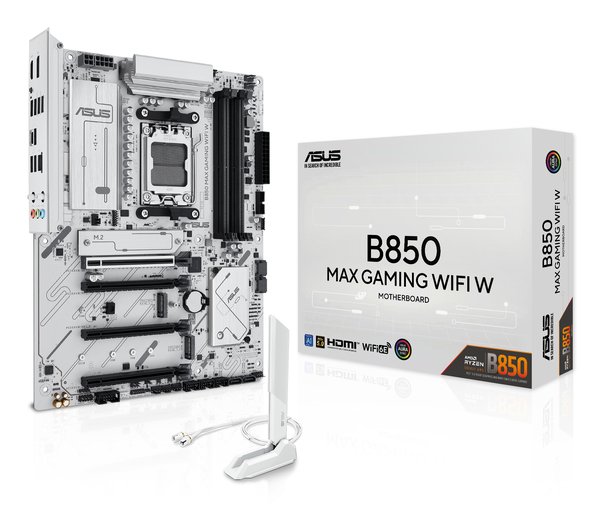 Материнская плата ASUS B850 MAX GAMING WIFI W, AM5, AMD B850, 4xDDR5, 4xSATA, 3xM.2, 1xPCIe 5.0 x16, 1xPCIe 4.0 x4, 2xPCIe 3.0 x1, 1xDisplayPort, 1xHDMI, 1x2.5Gb LAN, Wi-Fi 6E, Bluetooth 5.3, 1xUSB-C 10Gbps, 3xUSB-A 10Gbps, 2xUSB-A 5Gbps, 2xUSB-A 2.0, 3x3.5 мм, 7.1, ATX