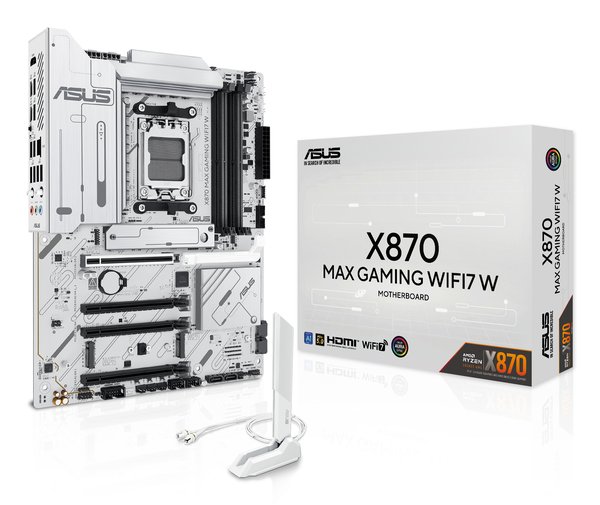 Материнская плата ASUS X870 MAX GAMING WIFI7 W, AM5, AMD X870, 4xDDR5, 4xSATA, 3xM.2, 1xPCIe 5.0 x16, 2xPCIe 4.0 x16, 1xPCIe 3.0 x16, 1xHDMI, 2xUSB Type-C (Display), 1x2.5Gb LAN, Wi-Fi 7, Bluetooth 5.4, 2xUSB-C 40Gbps, 1xUSB-A 10Gbps, 3xUSB-A 5Gbps, 4xUSB-A 2.0, 3x3.5 мм, 7.1, ATX