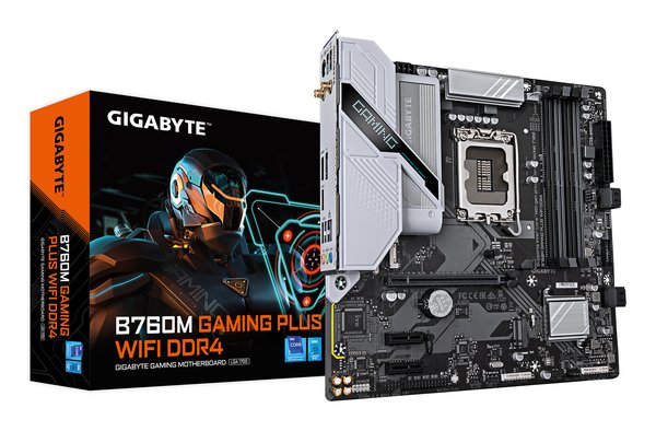 Материнская плата Gigabyte B760M GAMING PLUS WIFI DDR4, LGA1700, Intel B760, 4xDDR4, 4xSATA, 2xM.2, 1xPCIe 4.0 x16, 2xPCIe 3.0 x1, 1xDP, 1xHDMI, 1x1Gb LAN, Wi-Fi 6, Bluetooth 5.3, 3xUSB-A 5Gbps, 6xUSB-A 2.0, 1xUSB-C 5Gbps, 3x3.5 мм, 7.1, mATX