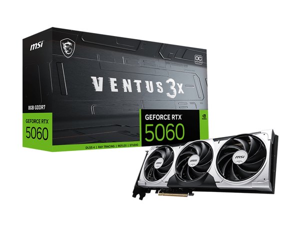Видеокарта MSI RTX 5060 8G VENTUS 3X OC, NVIDIA RTX 5060, 8Gb, GDDR7, 128 bit, PCI-E 5.0, HDMIx1, DPx3, HDCP, 2550 MHz