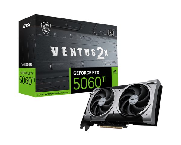 Видеокарта MSI RTX 5060 TI 16G VENTUS 2X PLUS, NVIDIA RTX 5060 Ti, 16 ГБ GDDR7, 128 бит, PCI-e 5.0, 1xHDMI, 3xDP, 2602 МГц