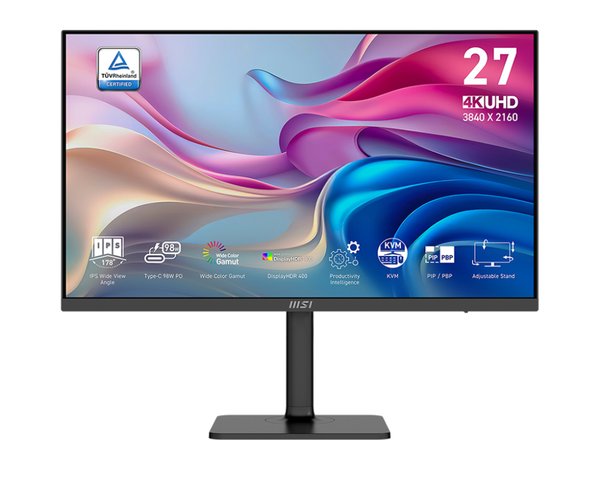 Монитор 27" MSI MD272UPHG IPS 3840x2160, 60 Гц, 4 мс, 16:9, 400 кд/м², 2xHDMI 2.0b, DP 1.4a, USB-C (98 Вт), USB Hub (3x USB 3.0), 3.5 Jack, динамики (2x3 Вт), Adaptive-Sync, черный