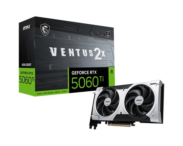 Видеокарта MSI RTX 5060 TI 8G VENTUS 2X PLUS, NVIDIA RTX 5060 Ti, 8 ГБ GDDR7, 128 бит, PCI-e 5.0, 1xHDMI, 3xDP, 2587 МГц