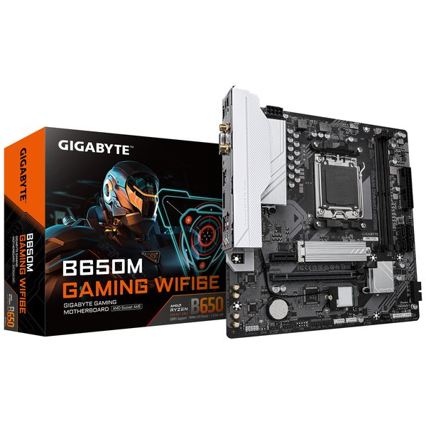 Материнская плата Gigabyte B650M GAMING WIFI6E, AM5, AMD B650, 2xDDR5, 4xSATA, 1xM.2, 1xPCIe 4.0 x16, 1xPCIe 3.0 x1, 1xD-Sub, 1xHDMI (v2.1), 1x2.5Gb LAN, Wi-Fi 6, Bluetooth 5.3, 2xUSB-A 5Gbps, 5xUSB-A 2.0, 3x3.5 мм, 7.1, mATX