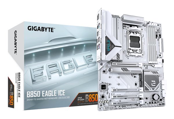 Материнская плата Gigabyte B850 EAGLE ICE, AM5, AMD B850, 4xDDR5, 4xSATA, 3xM.2, 1xPCIe 5.0 x16, 1xPCIe 4.0 x4, 2xPCIe 3.0 x1, 1xDP (v1.4), 1xHDMI (v2.1), 1x2.5Gb LAN, 2xUSB-A 10Gbps, 2xUSB-A 5Gbps, 6xUSB-A 2.0, 1xUSB-C 5Gbps, 3x3.5 мм, 7.1, ATX