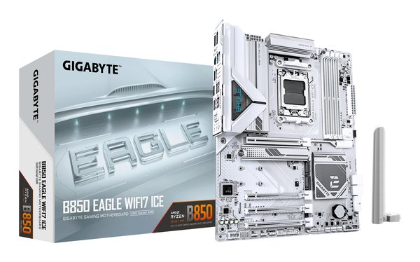 Материнская плата Gigabyte B850 EAGLE WIFI7 ICE, AM5, AMD B850, 4xDDR5, 4xSATA, 3xM.2, 1xPCIe 5.0 x16, 1xPCIe 4.0 x4, 2xPCIe 3.0 x1, 1xDP (v1.4), 1xHDMI, 1x2.5Gb LAN, Wi-Fi 7, Bluetooth 5.4, 1xUSB-C 5Gbps, 2xUSB-A 10Gbps, 2xUSB-A 5Gbps, 4xUSB-A 2.0, 3x3.5 мм, 7.1, ATX