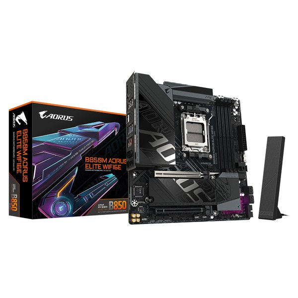 Материнская плата Gigabyte B850M AORUS ELITE WIFI6E, AM5, AMD B850, 4xDDR5, 4xSATA, 2xM.2, 1xPCIe 5.0 x16, 1xPCIe 3.0 x4, 1xDP (v1.4), 1x2.5Gb LAN, Wi-Fi 6E, Bluetooth 5.3, 2xUSB-C 10Gbps, 2xUSB-A 10Gbps, 5xUSB-A 5Gbps, 4xUSB-A 2.0, S/PDIF, 2x3.5 мм, 7.1, mATX