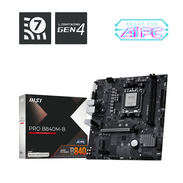 Материнская плата MSI PRO B840M-B, AM5, AMD B840, 2xDDR5, 4xSATA, 2xM.2, 1xPCIe 4.0 x16, 1xPCIe 3.0 x1, 1xHDMI, 1xVGA, 1x2.5Gb LAN, 4xUSB-A 5Gbps, 2xUSB-A 2.0, 3x3.5 мм, 7.1, mATX