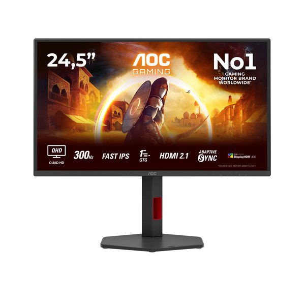 Монитор 24.5" AOC Q25G4SR IPS 2560x1440, 300 Гц, 0.3 мс, 16:9, 400 кд/м², 2xHDMI 2.1, DP 1.4, DisplayHDR 400, Adaptive-Sync, динамики, черный