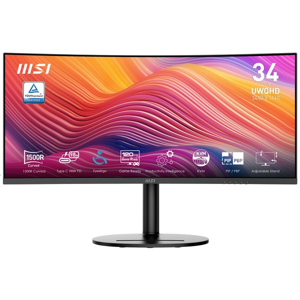 Монитор 34" MSI Modern MD342CQP VA 3440x1440, 120 Гц, 4 мс, 21:9, 300 кд/м², 2xHDMI 2.0b, DP 1.4a, USB-C, USB Hub (2x USB 3.0), 3.5 Jack, динамики (2x3 Вт), Adaptive-Sync, изогнутый экран (1500R), черный