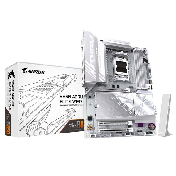 Материнская плата Gigabyte B850 AORUS ELITE WIFI7 ICE rev. 1.1, AM5, AMD B850, 4xDDR5, 4xSATA, 3xM.2, 1xPCIe 5.0 x16, 2xPCIe 3.0 x16, 1xDP, 1x2.5Gb LAN, Wi-Fi 7, Bluetooth 5.4, 1xUSB-C 10Gbps, 2xUSB-A 10Gbps, 5xUSB-A 5Gbps, 4xUSB-A 2.0, 3x3.5 мм + S/PDIF оптический, 7.1, ATX