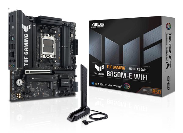 Материнская плата ASUS TUF GAMING B850M-E WIFI, AM5, AMD B850, 4xDDR5, 4xSATA, 3xM.2, 1xPCIe 5.0 x16, 1xPCIe 3.0 x1, 1xHDMI, 2xDP, 1x2.5Gb LAN, Wi-Fi 6E, Bluetooth 5.3, 1xUSB-C 10Gbps, 1xUSB-A 10Gbps, 2xUSB-A 5Gbps, 4xUSB-A 2.0, 3x3.5 мм, 7.1, mATX