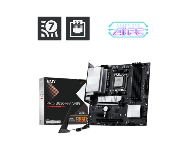 Материнская плата MSI PRO B850M-A WIFI, AM5, AMD B850, 4xDDR5, 4xSATA, 2xM.2, 1xPCIe 5.0 x16, 1xPCIe 4.0 x4, 1xPCIe 3.0 x1, 1xHDMI (v2.1), 1xDP (v1.4), 1x5Gb LAN, Wi-Fi 7, Bluetooth 5.4, 2xUSB-C 10Gbps, 3xUSB-A 10Gbps, 3xUSB-A 5Gbps, 2x3.5 мм, 7.1, mATX