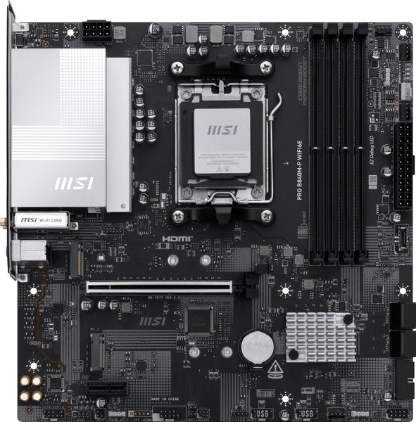 Материнская плата MSI PRO B840M-P WIFI6E, AM5, AMD B840, 4xDDR5, 4xSATA, 2xM.2, 1xPCIe 4.0 x16, 1xPCIe 3.0 x1, 1xHDMI, 1x2.5Gb LAN, Wi-Fi 6E, Bluetooth 5.3, 1xUSB-C 10Gbps, 1xUSB-A 10Gbps, 2xUSB-A 5Gbps, 4xUSB-A 2.0, 3x3.5 мм, 7.1, mATX