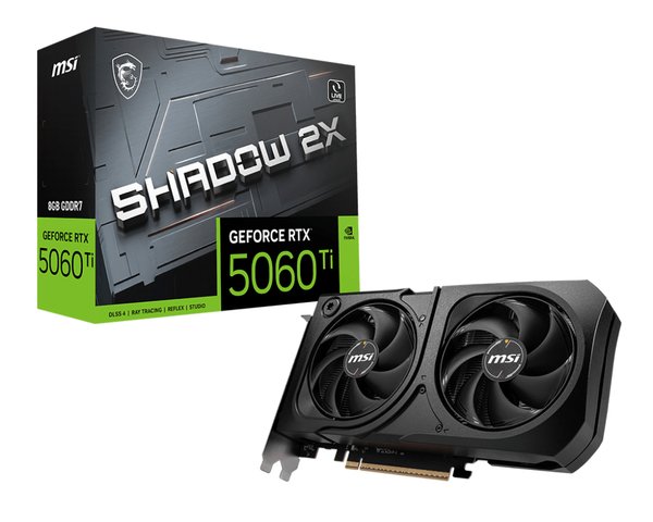 Видеокарта MSI RTX 5060 Ti 8G SHADOW 2X PLUS, NVIDIA RTX 5060 Ti, 8 ГБ GDDR7, 128 бит, PCI-e 5.0, 1xHDMI, 3xDP, 2587 МГц