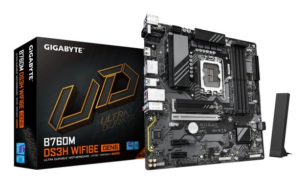 Материнская плата Gigabyte B760M DS3H WIFI6E GEN5, LGA1700, Intel B760, 4xDDR5, 4xSATA, 2xM.2, 1xPCIe 5.0 x16, 2xPCIe 4.0 x1, 1xHDMI, 2xDP, 1x2.5Gb LAN, Wi-Fi 6E, Bluetooth 5.3, 1xUSB-C 10Gbps, 3xUSB-A 5Gbps, 2xUSB-A 2.0, 3x3.5 мм, 7.1, mATX