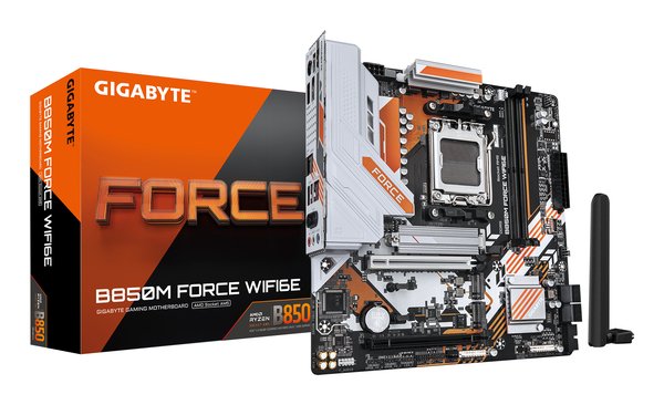 Материнская плата Gigabyte B850M FORCE WF6E (V1.2), AM5, AMD B850, 2xDDR5, 4xSATA, 3xM.2, 1xPCIe 5.0 x16, 1xPCIe 4.0 x4, 1xDP, 1xHDMI, 1x2.5Gb LAN, Wi-Fi 6E, Bluetooth 5.3, 1xUSB-C 5Gbps, 1xUSB-A 10Gbps, 2xUSB-A 5Gbps, 2xUSB-A 2.0, 3x3.5 мм, 7.1, mATX