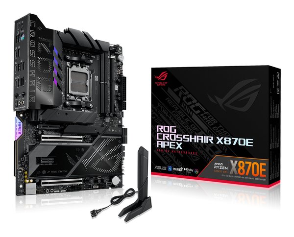 Материнская плата ASUS ROG CROSSHAIR X870E APEX, AM5, AMD X870E, 2xDDR5, 4xSATA, 5xM.2, 1xPCIe 5.0 x16, 1xPCIe 5.0 x8, 1xPCIe 3.0 x4, 1xPCIe 3.0 x1, 1xTOSLINK, 1x5Gb LAN, Wi-Fi 7, Bluetooth 5.4, 2xUSB-C 40Gbps, 1xUSB-C 10Gbps, 5xUSB-A 10Gbps, 2xUSB-A 5Gbps, 2x3.5 мм, 7.1, ATX