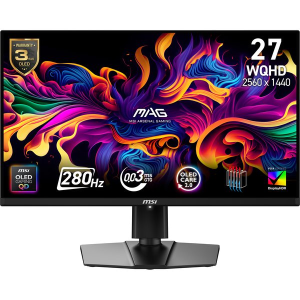 Монитор 26.5" MSI MAG 271QP QD-OLED X28 QD-OLED 2560x1440, 280 Гц, 0.03 мс, 16:9, 1000 кд/м², HDMI 2.1, DP, USB-C (15 Вт), 3.5 Jack, USB Hub, Adaptive-Sync, черный